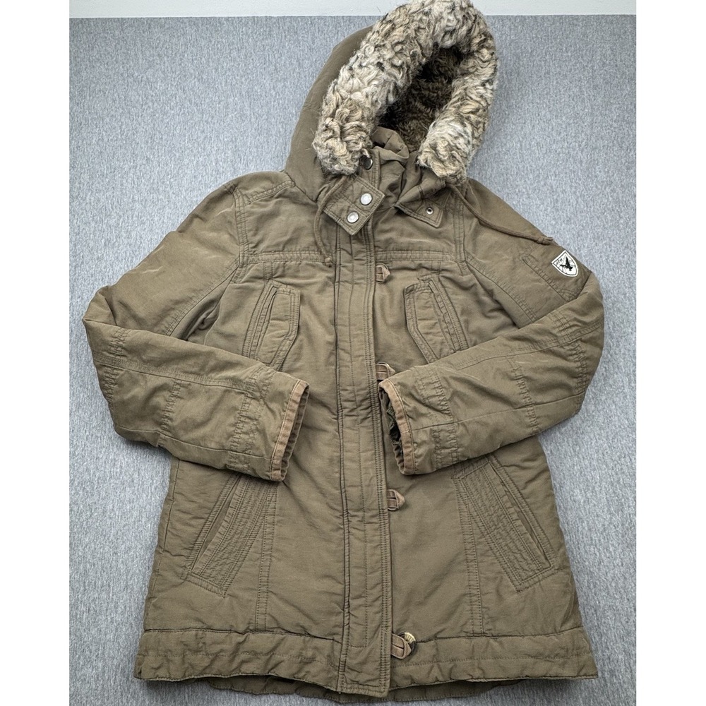 American Eagle Coat Womens M Winter Jacket Olive Green Faux Fur Lined Hooded Y2K